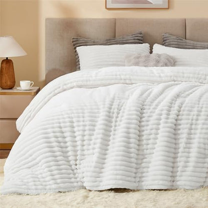 BEDELITE Fleece King Comforter Set, Fluffy Bed Set, Bright White