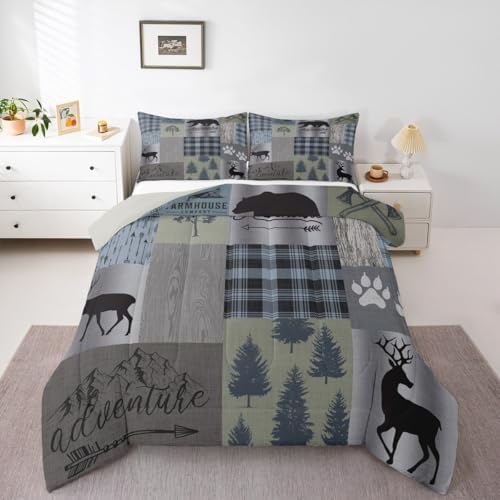 Castle Fairy Grey Green Happy Camping Comforter Set Twin,Geometric Plaid Patchwork Quilt Set Traveling RV Decor,Pine Bear Deer Animal Bedding Rustic Farmhouse Bedspread,1 Pillowcase, Brown Wooden 02