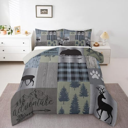 Hunting Camping Comforter Set Full,Grey Green Geometric Plaid Patchwork Quilt Set 3pcs for Kids Boys Men Outdoor RV Decor,Pine Bear Deer Animal Bedding Set Rustic Farmhouse Bedspread,2 Pillowcases