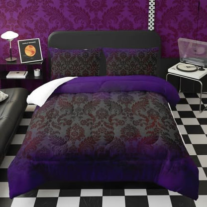 Black Purple Paisley Floral Victorian Gothic Comforter Set Twin，Gothic Bedding Set Twin Purple，with 1 Comforter with 2 Pillow Case，Halloween Room Decor for Bedroom