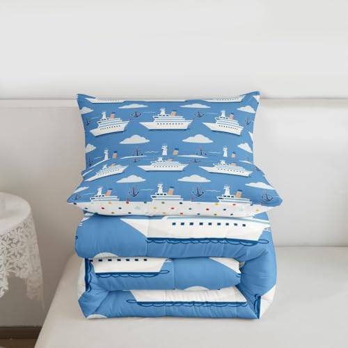 Erosebridal Boys Nautical Sailboat Bedding Set Full, Ocean Ship Comforter Set, Boat Anchor Comforter, White Cloud Blue Sky Nautical Quilt for Kids Teens Youth Men Bedroom, 3 Piece