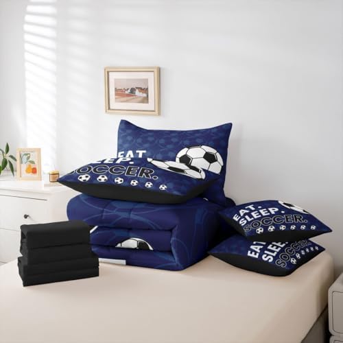 Erosebridal Navy Blue Soccer Gaming 7 Piece Bedding Set Twin | Ball Games Comforter Set with Sheets Football Sports Bed in A Bag Boys Kids Men Bed Sets