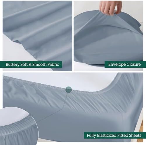 Cooling Sheets Set Full Size, Viscose Derived from Bamboo for Hot Sleepers | Deep Pocket Up to 15 Inch | Silky Soft & Breathable Bedding - 4PC (Full, Mineral Blue)