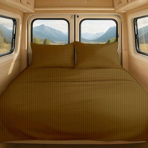 NON Sticky cotton RV Short Queen 4 Piece Sheet Set, 100% Long Staple Cotton, Soft Cooling Hotel Luxury Bedding Sheets, Deep Pocket Fits 15" Mattress, 60" x 75", Taupe Stripe