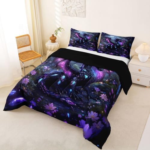 Feelyou Dragon Bedding Set Soft for Boys Girls, Wild Life Comforter Set Full Size Jungle Dragon Duvet Quilt Microfiber Fantasy Animal Bedroom Decor Magical Beast 3 Pcs with 2 Pillow Cases