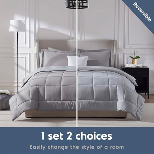 Nestl 9 Piece Queen Comforter Set – Grey Lavender Reversible Bed in a Bag – Complete Queen Size Bedding Set with Sheets, Set of 2 Down Alternative Pillows, Pillowcases and Shams