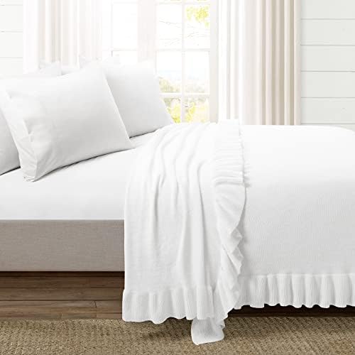 Lush Decor Reyna Soft Knitted Ruffle Throw Blanket, 104" W x 88" L, White - Classic Ruffled Bedding - Knit Blanket - Cozy Oversized Blanket For Bed or Couch - Vintage, Minimalist & Cottage Home Decor