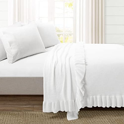 Lush Decor Reyna Soft Knitted Ruffle Throw Blanket, 104" W x 88" L, White - Classic Ruffled Bedding - Knit Blanket - Cozy Oversized Blanket For Bed or Couch - Vintage, Minimalist & Cottage Home Decor
