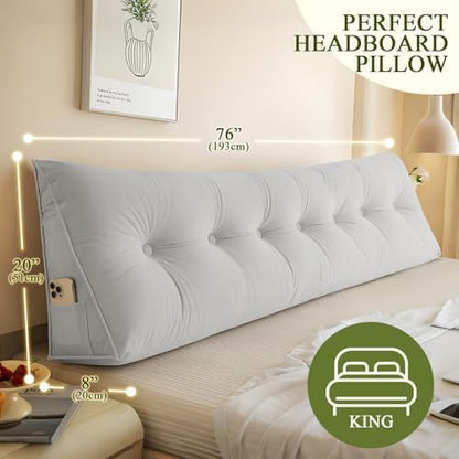 DANGHOOGY Headboard Pillow King, Large Triangular Wedge Headboard Pillow for Reading and Resting, Backrest Positioning Support Pillow with Removable Cover (Light Grey)