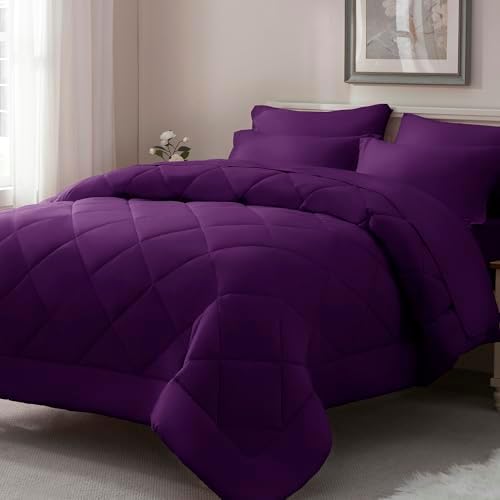 ELNIDO QUEEN® Full Comforter Set Purple- 7 Pieces Bed in a Bag Full Size, Bed Set for All Seasons, Ultra Soft Bedding Sets with Comforter, Flat Sheet, Fitted Sheet, Pillowcases and Pillow Shams