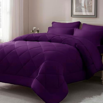 ELNIDO QUEEN® Purple King Size Comforter Set - 7 Pieces Comforter King Size, Ultra Soft Bed in a Bag Bedding Sets with All Season Comforter, Flat Sheet, Fitted Sheet and Pillowcases and Shams