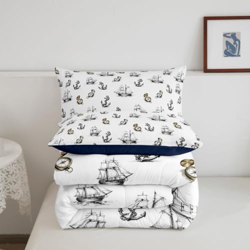 Castle Fairy Anchor Nautical Compass Comforter Set Twin Size Ships Sailboat Bedding Set 2pcs,Retro Sketch Style for Kids Boys Girls Room Decor,Ocean Adventure Piece All Season with 1 Pillowcase