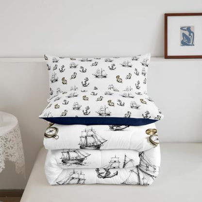 Castle Fairy Anchor Nautical Compass Comforter Set Queen Size Ships Sailboat Bedding Set 3pcs,Retro Sketch Style for Kids Boys Girls Room Decor,Ocean Adventure Piece All Season with 2 Pillowcases