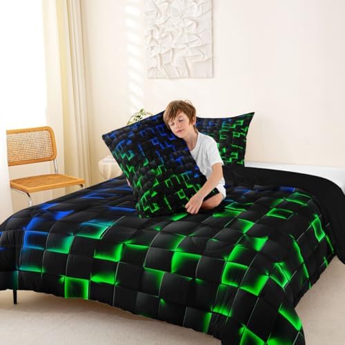 Erosebridal Geometric Checkered Comforter Set Twin Neon Blue Green Bedding Set for Kids Boys Teen Gamer Room Decor,Abstract Ombre Plaid Comforter Grids Quilt Duvet Black