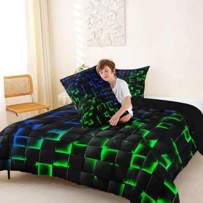 Erosebridal Geometric Checkered Comforter Set Twin Neon Blue Green Bedding Set for Kids Boys Teen Gamer Room Decor,Abstract Ombre Plaid Comforter Grids Quilt Duvet Black