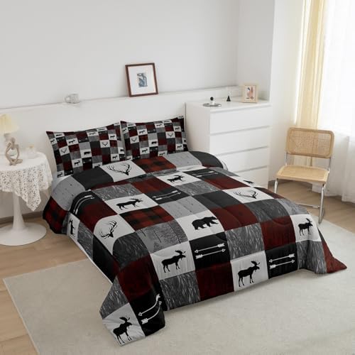 Homewish Teens Bear and Deer Comforter Set Queen Size,Gray Red Grid Bedding Set for Kids Boys Girls Bedroom Decoration,Rustic Farmhouse Bed Duvet Insert,Trees and Arrow Comforter with 2 Pillowcases