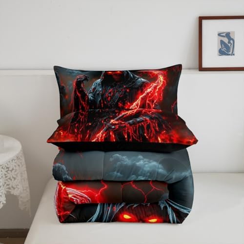 Human Skeleton Kids Comforter Set Twin Size,Fire Skull Dark Clouds Gothic Western Bedding Set,Girls Boys Room Decor,Happy Halloween Trippy Quilt Comforter,Vintage Chic Duvet Insert,1 Pillowcase