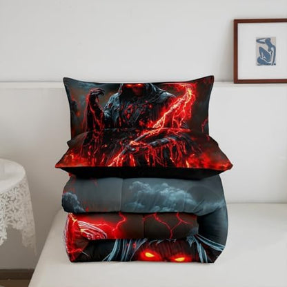 Human Skeleton Kids Comforter Set King Size,Fire Skull Dark Clouds Gothic Western Bedding Set,Girls Boys Room Decor,Happy Halloween Trippy Quilt Comforter,Vintage Chic Duvet Insert,2 Pillowcases