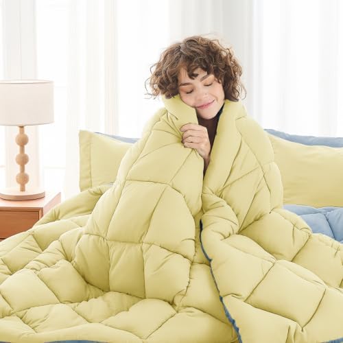 MUXHOMO 5 Pieces Twin XL Comforter Set, Reversible Bed in a Bag Twin XL Size, All Season Bedding Set with Comforter, Flat Sheet, Fitted Sheet, Pillowcases & Shams, Light Yellow & Light Blue