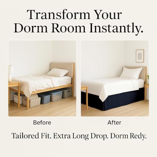 eBeddy Linens Split Corner Dorm Bed Skirt Twin XL – 36 Inch Drop, 100% Microfiber, Extra Long Bed Skirt for College Dorm, Platform Style, Navy Blue Solid, Hidden Storage Solution, Easy Fit