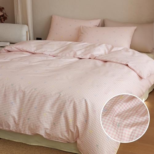 mixinni Gingham Duvet Cover Twin Size, 100% Cotton Light Pink and White Gingham Bedding Set for Girls, Cute Bow Print Soft Aesthetic Cottagecore Bedding 3 Pieces (1 Duvet Cover + 2 Pillowcases)