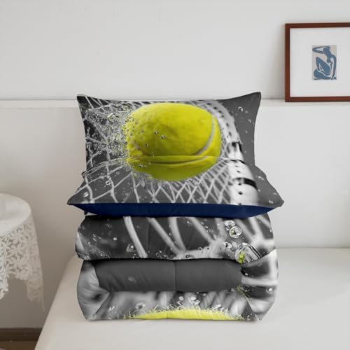 Castle Fairy Tennis Sports Bedding Set Toddler Size 3D Tennis Racket Comforter Set for Girls Boys Room Decor Fashion Sport Ball Games Down Comforter Yellow Grey Quilt Set with 1 Pillowcase