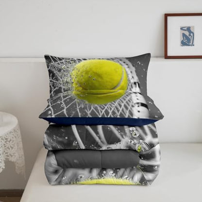 Castle Fairy Tennis Sports Bedding Set Toddler Size 3D Tennis Racket Comforter Set for Girls Boys Room Decor Fashion Sport Ball Games Down Comforter Yellow Grey Quilt Set with 1 Pillowcase