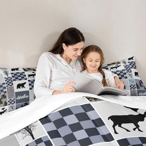 Deer Antler Comforter Set Twin Size,Bear Rustic Farmhouse Adventure Bedding Set for Kids Boys Girls Adults Room Decor,Pine Trees Plaid Patchwork Down Comforter,Blue Xmas Duvet Insert,1 Pillowcase