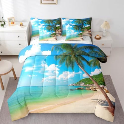 Erosebridal Ocean Beach Full Size Comforter Set, Palm Trees 7-Piece Bed in A Bag, Coastal Nature Theme Sheets and Pillowcases, Hawaiian Kids Boys Men Women Bedding Set Room Decor