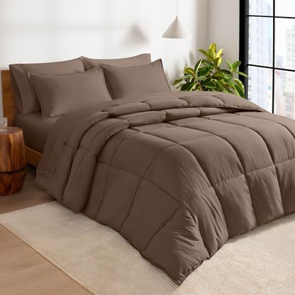 Bare Home Bed-in-A-Bag 8 Piece Comforter & Sheet Set - Split King - Goose Down Alternative - Ultra-Soft 1800 Premium Bed Set (Split King, Cocoa/Cocoa)