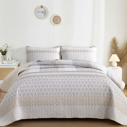 WONGS BEDDING Beige Quilt King Size, Boho Striped Plaid Bedspread
