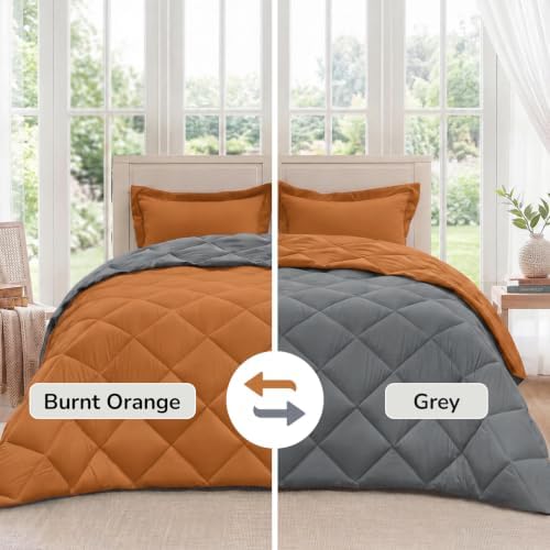 downluxe Twin Comforter Set Soft Reversible 2 Pieces, Burnt Orange/Grey