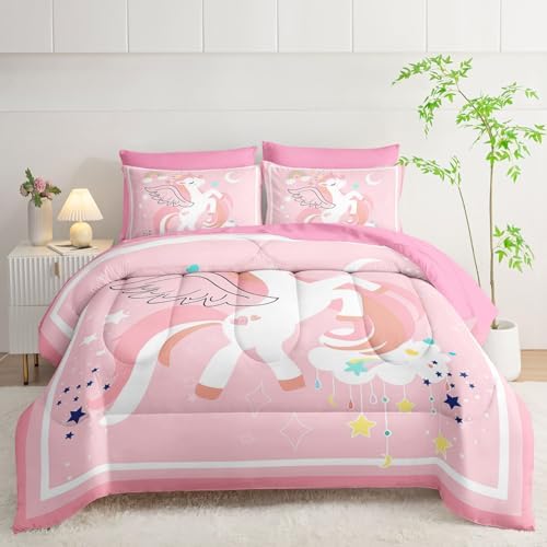 7Pcs Comforter Set Cartoon Pink Unicorn Printed Bedding Set with 1 Comforter,1 Flat Sheet,1 Fitted Sheet and 4 Pillowcases for Boys and Girls Bedroom All Season(Queen)