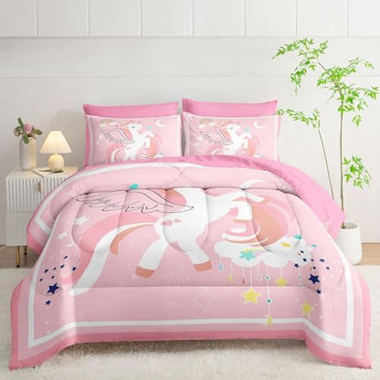 7Pcs Comforter Set Cartoon Pink Unicorn Printed Bedding Set with 1 Comforter,1 Flat Sheet,1 Fitted Sheet and 4 Pillowcases for Boys and Girls Bedroom All Season(Full)