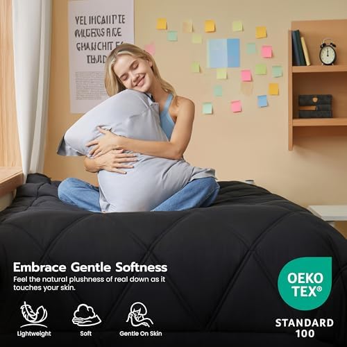 Joiedomi Twin Comforter Set with Sheets Black, 5 Pieces Twin Bedding Sets with 1 Down Alternative Comforter, 1 Flat Sheet, 1 Fitted Sheet, 1 Pillowcase and 1 Pillow Sham, Bed in a Bag for All Seasons
