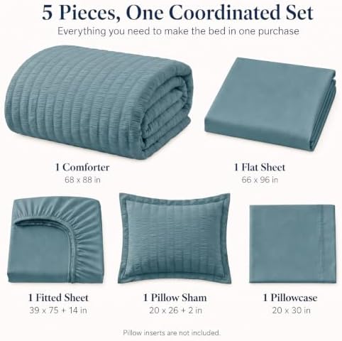 CozyLux Twin Comforter Set, 5 Pieces Mineral Blue Seersucker Bed in a Bag