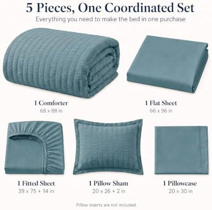 CozyLux Twin Comforter Set, 5 Pieces Mineral Blue Seersucker Bed in a Bag