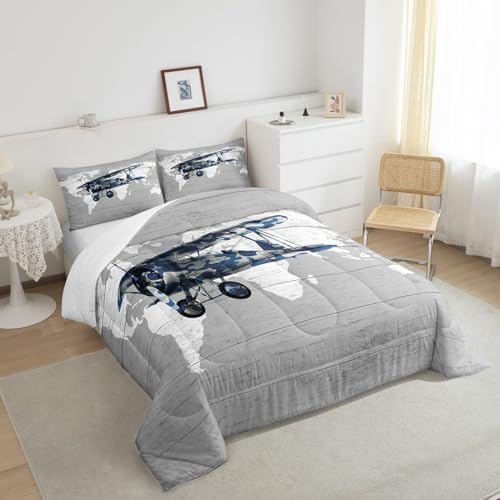 Erosebridal Aircraft Twin Bedding Sets for Boys Girls Kids,Map Comforter Set Aviation Decor for Boys Room,Navy Blue Camo Airplane Comforter Set Lightweight Vintage Air Plane Quilt Bed Set 2Pcs
