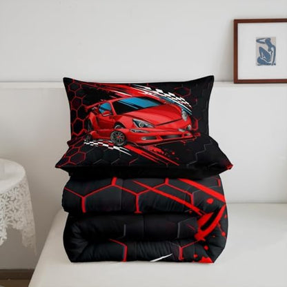 Red Sports Car Comforter Set King Size,Neon Geometric Honeycomb Bedding Set 3pcs，Kids Boys Teens Fashion Room Decor Racing Car Sports Gaming Comforter Cover Modern Black Quilt Cover,2 Pillowcase