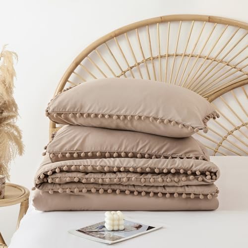 YIRDDEO Twin Comforter Set, Taupe Ball Pom Fringe Bedding Set 2 Pieces