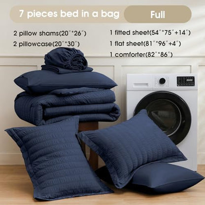 FreshCulture Comforter Set Seersucker 7 Pieces, All Season Bedding Set Full, Bed in a Bag Comforter Set with 1 Comforter, 1 Flat Sheet, 1 Fitted Sheet, 2 Pillowcases and 2 Pillow Shams, Navy