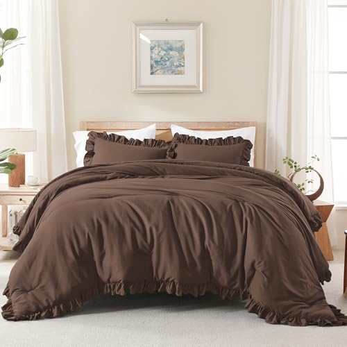 Andency Brown Ruffle Comforter Oversized Queen, 3 Pcs Solid Farmhouse Bed