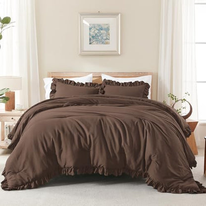 Andency Brown Ruffle Comforter Oversized Queen, 3 Pcs Solid Farmhouse Bed