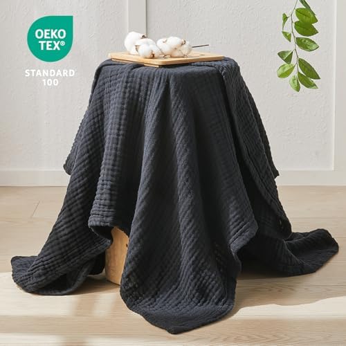 EMME Muslin Blankets for Adults Throw Blanket for Couch Breathable Gauze Soft Lightweight Airy Black Twin 60" x 80"
