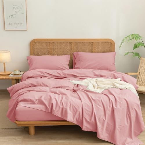 BESTOUCH Sheet Set 100% Washed Cotton Linen Feel Super Soft Comfortable Chic Lightweight 4 Pcs Home Bedding Set Solid Red Pink Queen