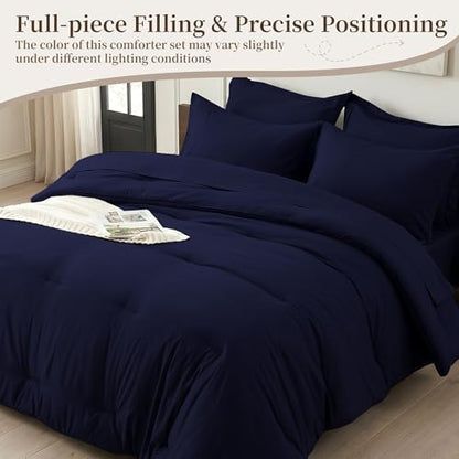 California King Comforter Set 7 Pieces - Ultra-Soft Bed in a Bag, Cozy Luxury All Season Bedding Sets with Comforter, Flat Sheet, Fitted Sheet, 2 Pillow Shams & 2 Pillowcases, Navy Blue