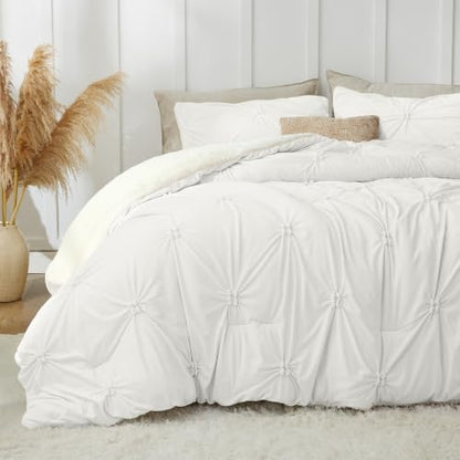 BEDELITE Fluffy Sherpa King Comforter Set,Pintuck-White
