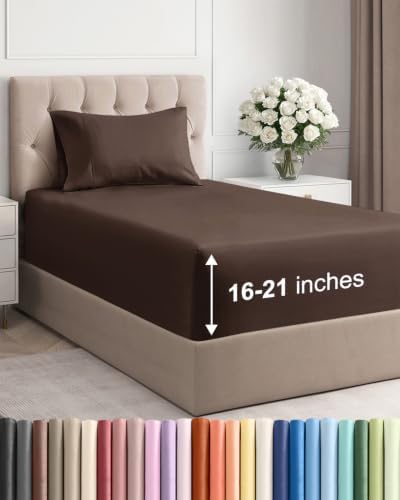 Extra Deep Pocket Twin XL Size Sheet Set - Breathable & Cooling - Brown