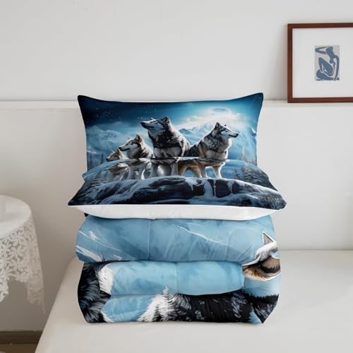 Homewish 3D Wolf Comforter Set King Size,Wild Animals Bedding Set for Kids Boys Men Adult Bedroom Decor,Winter Mountain Scenery Quilt Set 3Pcs Nature Theme Luxury Blue Grey Duvet Insert,2 Pillowcases