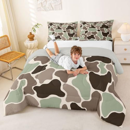 Feelyou Green Camo Bedding Set Soft for Boys Girls, Army Hunting Comforter Set King Size Camouflage Duvet Quilt Microfiber Military Style Bedroom Decor 3 Pcs with 2 Pillow Cases